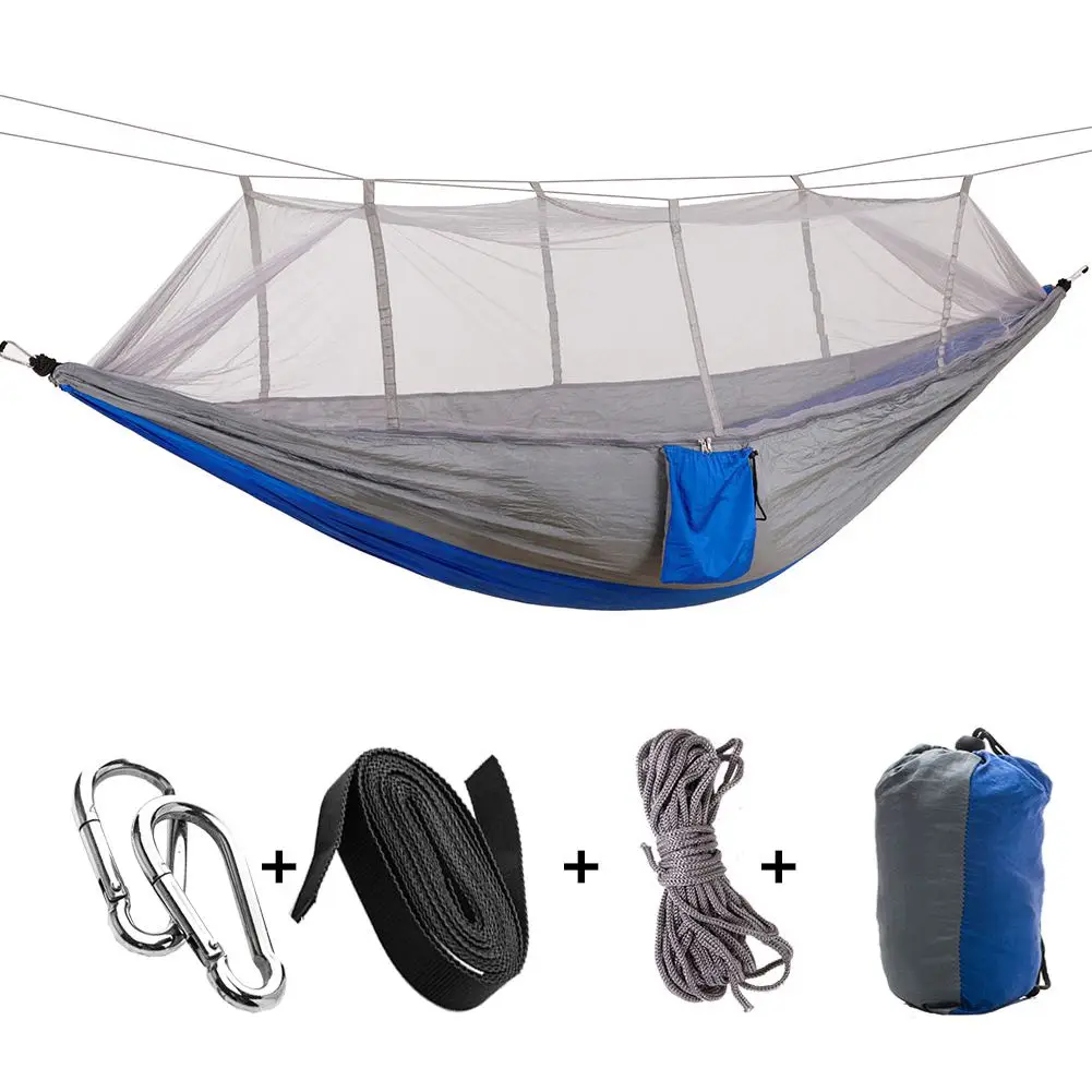 

Promotion! High Strength Portable Parachute Fabric Camping Hammock Hanging Bed With Mosquito Net Sleeping Hammock Grey & Blue