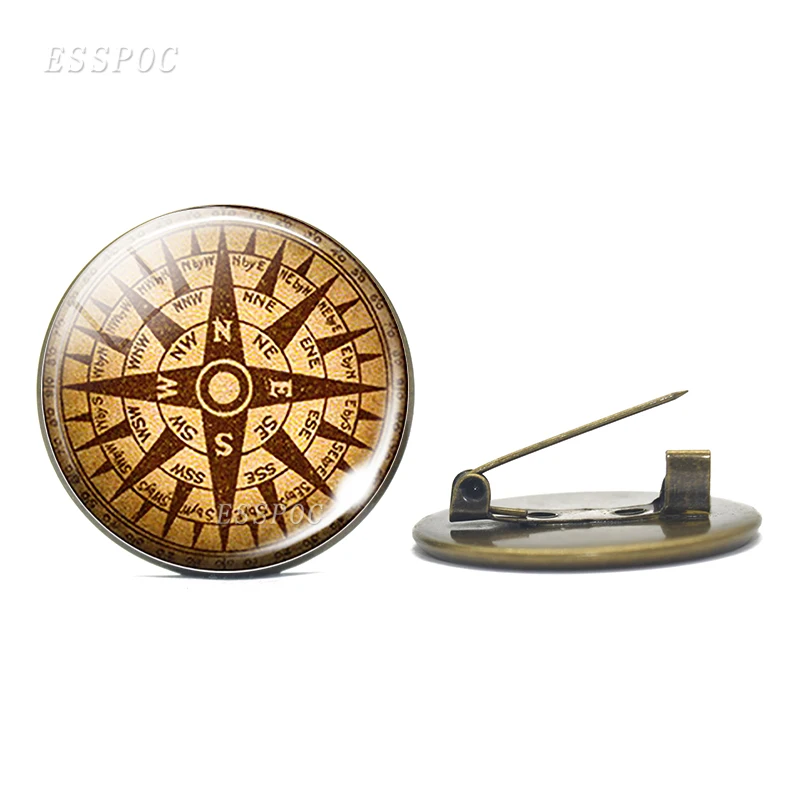 

Hot Round Glass Cabochon Jewelry Steampunk Compass Badge Vintage Compass Picture Bronze Brooch Emblem Archaeology Tour Gifts