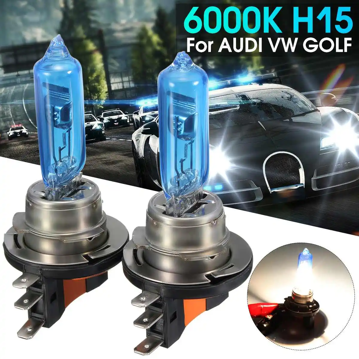 

1Pair 15W/55W Car H15 Super White Headlight Bulb For HID 6000K For AUDI For VW GOLF/450LM H/1200LM