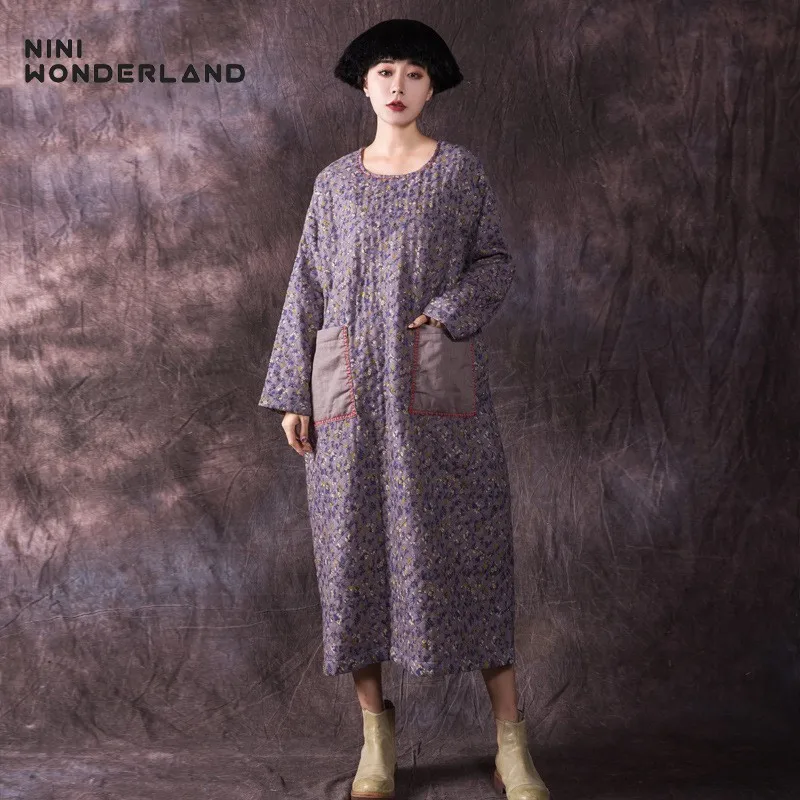 NINI WONDERLAND 2019 осеннее платье с принтом женское хлопковое теплое длинное утолщенное