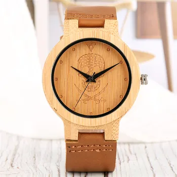 

Relogio Masculino Brown Natural Wood Watch for Men Leather Band Casual Skull Pattern Handmade Wood Wristwatch Gift