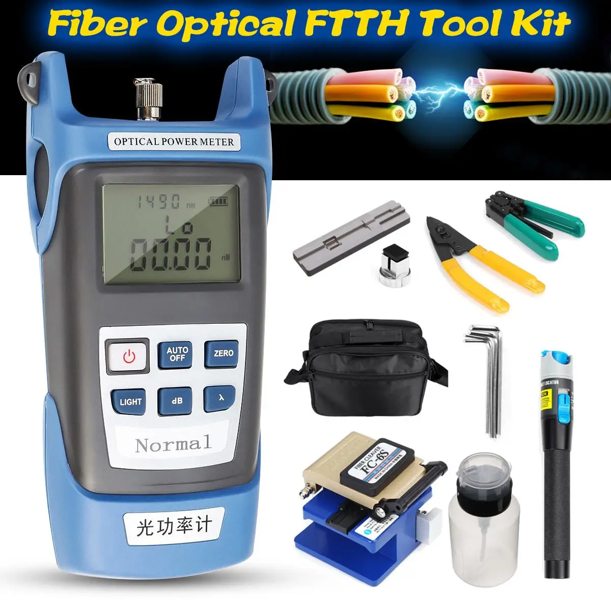 

13Pcs Fiber Optical FTTH Power Meter Cleaver Red Light Test Pen Cable Cutter Piper Kit+Stripping Pliers Visual Fault Locator