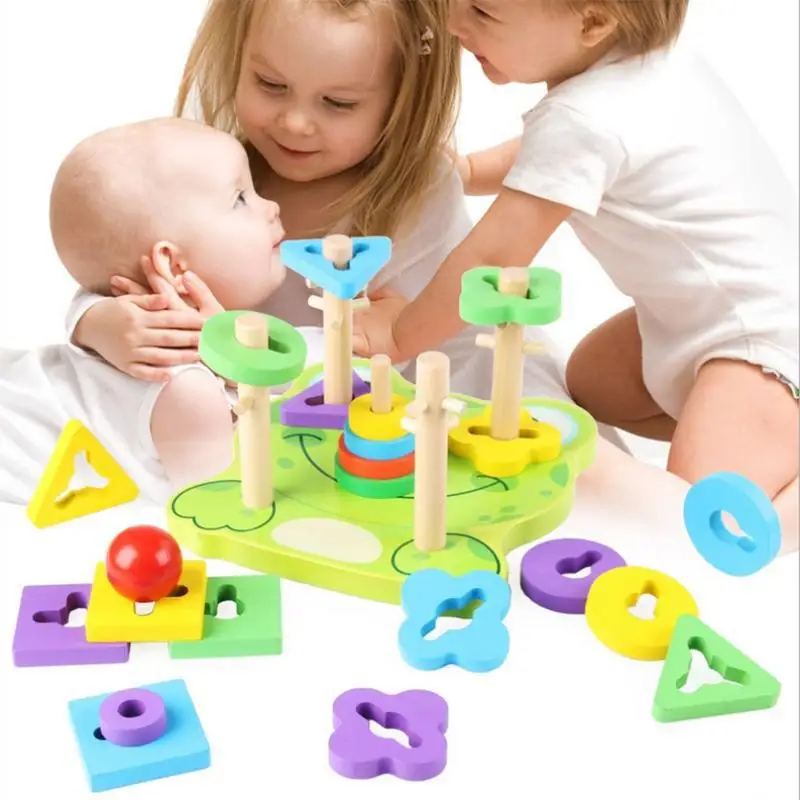 

Children's Wooden Block Column Cartoon Geometry Assembly Building Block Column Educational Toys Set For Boys Girls Kids