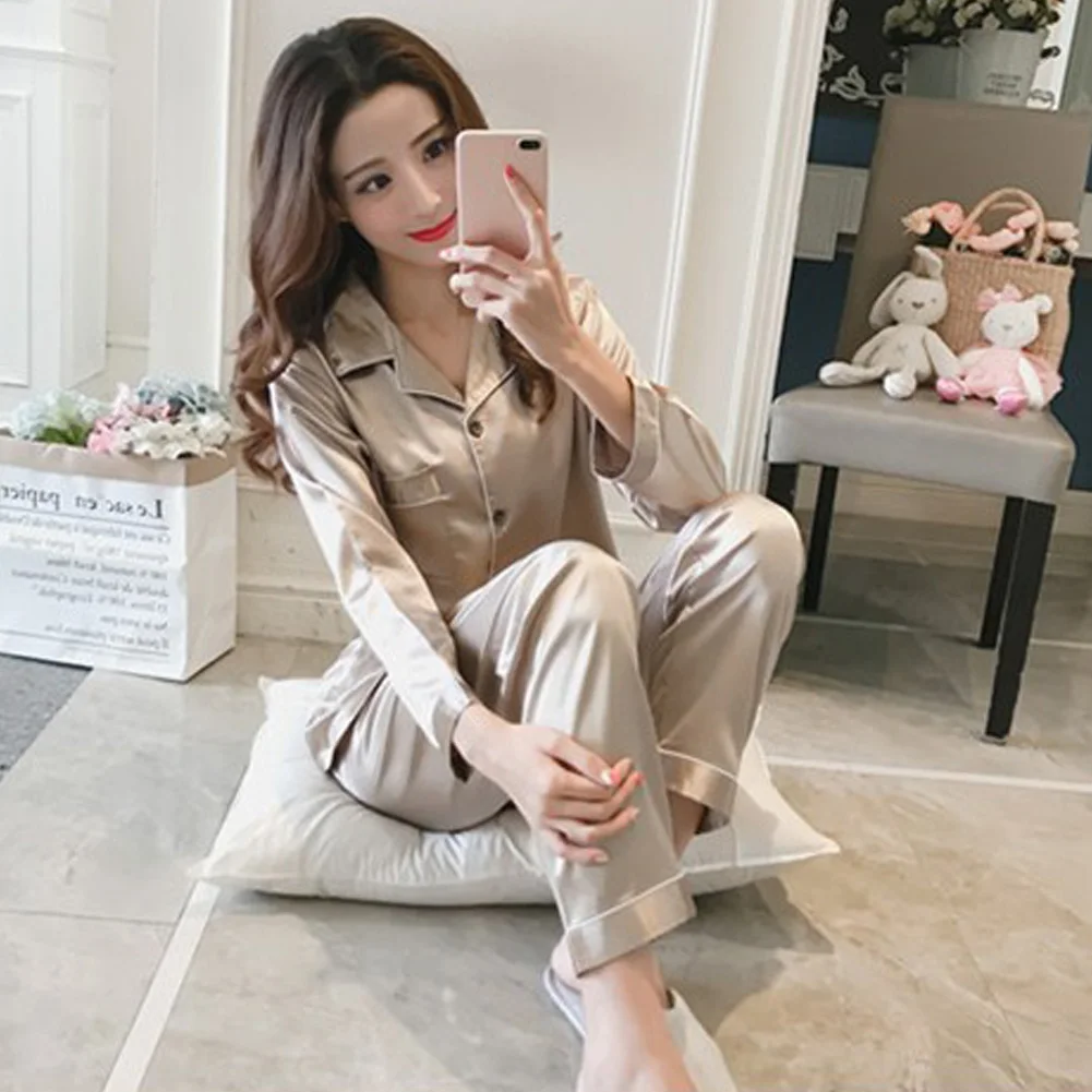 

YJSFG HOUSE Women's Pajama Sets Silk Satin Thin Tops Pants Pajamas Set Long Sleeve Button-Down Sleepwear Ladies Hot Sleep Lounge
