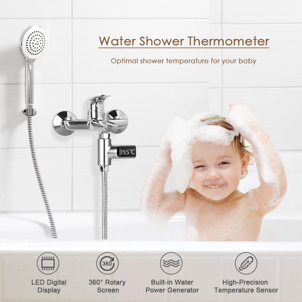 

LED Digital Water Shower Thermometer Baby Self-Generating Real-Time Water Flow Temperature Monitor with 360° Rotating Screen