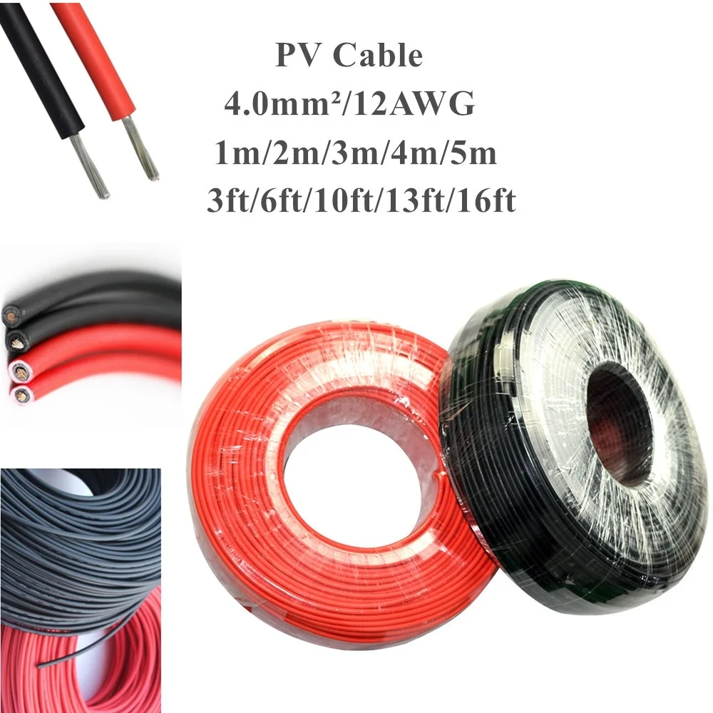 

1m/2m/3m/4m/5m 3ft/6ft/10ft/13ft/16ft 4.0mm/12AWG Black+Red Solar Connector Cable wire for solar panel module TUV Approval Power