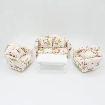 

1:12 Scale Dollhouse Living Room Furniture Wooden Floral Sofa Table Model Set Miniature Doll House Accessories Decoration