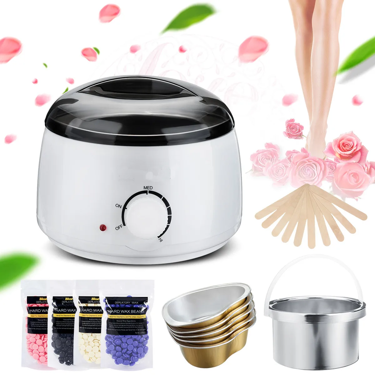 

400g Hard Wax Beans Epilator Hot Wax Heater Kit with 10pcs Wooden Sticks Wax Kit Hair Removal for Body Beauty