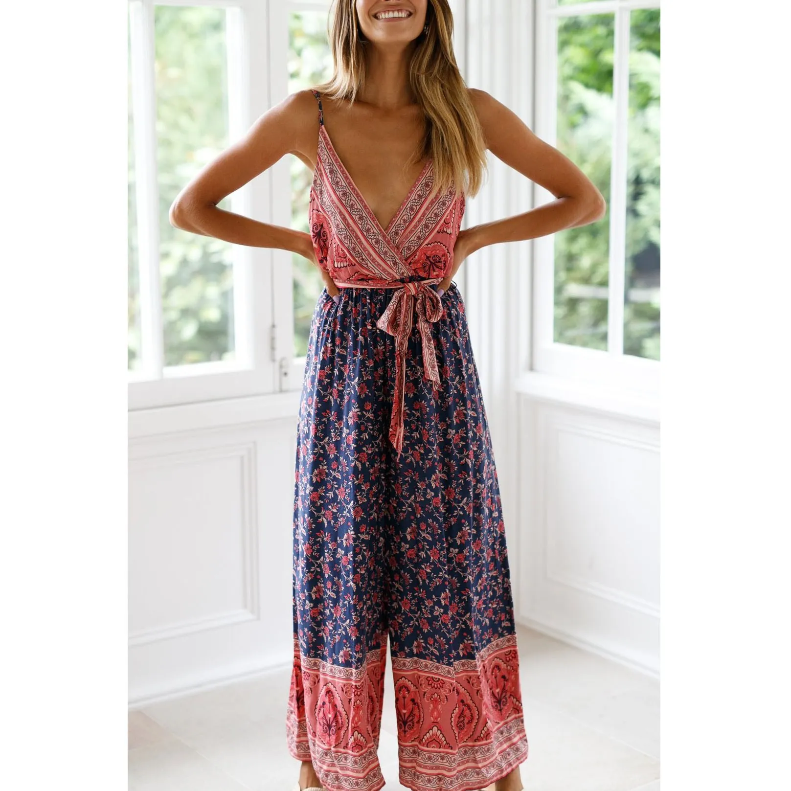 Bohemian Women Wide Leg Jumpsuits Split Bow Long Beach Jumpsuits Loose Female Print Sexy Rompers