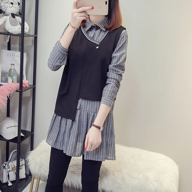

XL-5XL Plus Size Women Shirt Dresses Autumn 2019 Sleeveless Vest and Turn-down Collar Long Sleeve Striped Ruffle Dress Two Piece