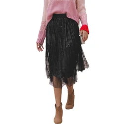 Falda de Doble Capa de Dobladillo Irregular de Malla de Cintura Elástica de las Mujeres Más Tamaño Moda Cintura Alta Falda Plisada Falda de Doble Capa de Dobladillo Irregular de Malla de Cintura Elástica de las Mujeres Más Tamaño Moda Cintura Alta Falda Plisada