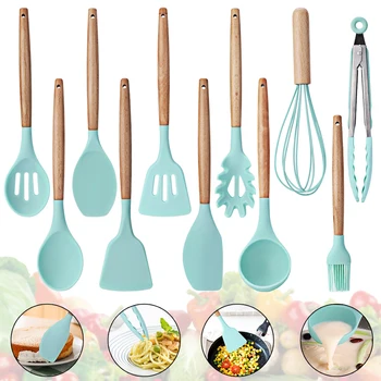 

11pcs/set Silicone Cooking Utensils Wooden Handle Nonstick Cooking Baking Tool Pots Pans Spoon Set