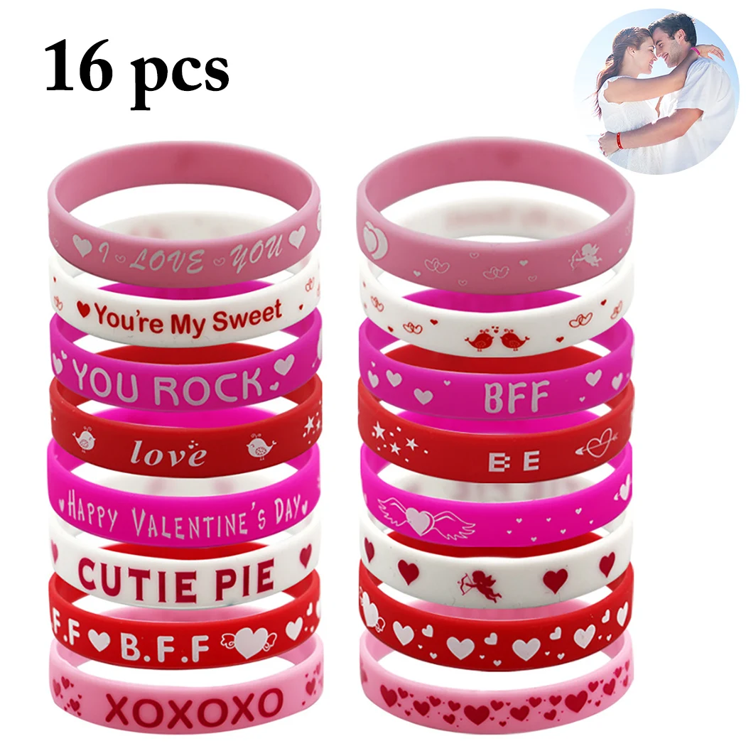 New16pcs New Arrival Rubber Hand Bands Bracelets Couple Wristband Romantic Lovely Silicone Wristband for Valentine's Day