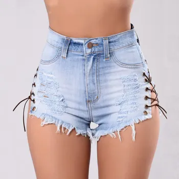 

Sexy Summer Women Denim Shorts High Waist Jeans Ripped Shorts Skinny Tassel Lace Up Bandage Hotpants