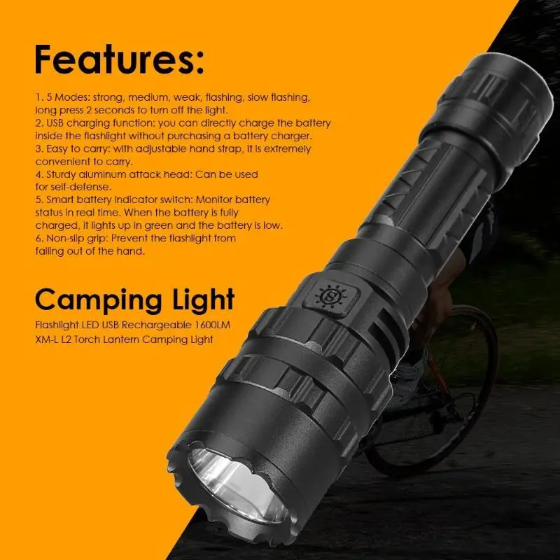 

USB Rechargeable LED Flashlight 1600LM XM-L L2 Torch Lantern Waterproof 5 Modes Camping Light Lamp
