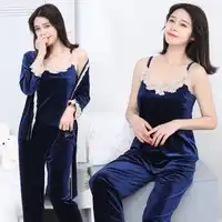 New Autumn Winter Pajamas for Women Long Sleeve 3 Pieces Set Gold Velvet Pyjamas Women's Sleepwear Pijamas Sets