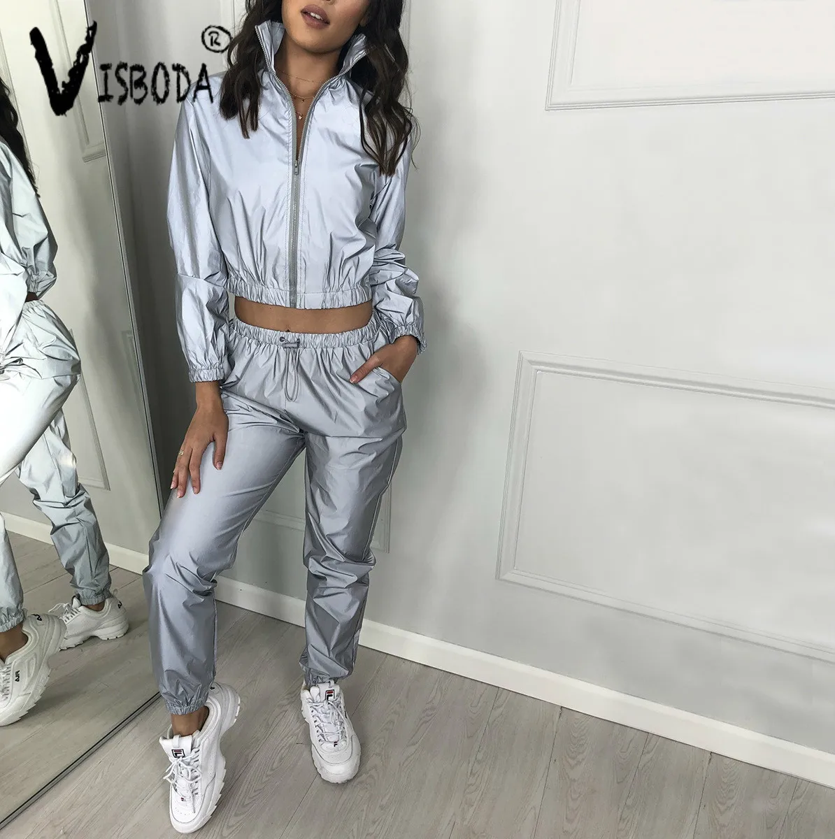 incredible  Women Tracksuit 2 Piece Set Hip Hop Reflective Crop Top Pants Fashion Female Loose Zipper Jacket Co
