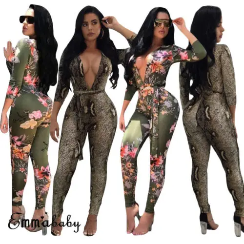 

2019 Newest Fashion Hot Sexy Popular Women Sexy Clubwear Snake Floral Playsuit Bodycon Party Jumpsuit Romper Trousers