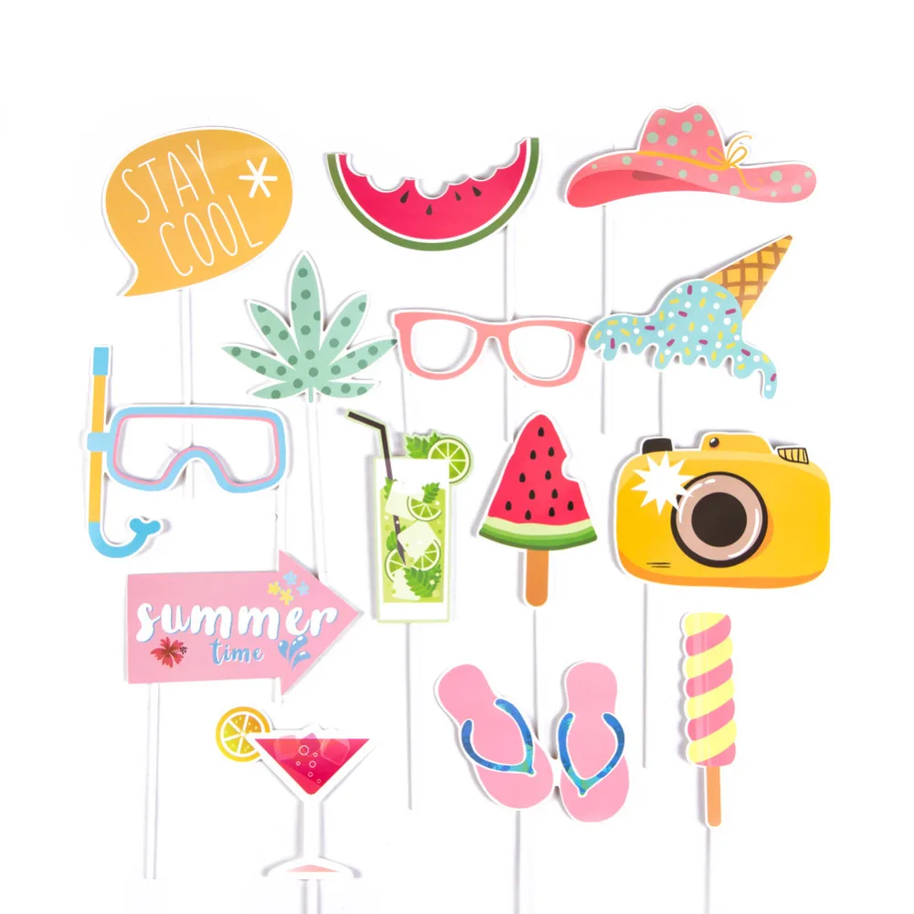 

14pcs Summer Time Party Photo Booth Props Kit Hawaiian Luau Decorations Tropical Beach Pool Party Kids Birthday Party Supplies