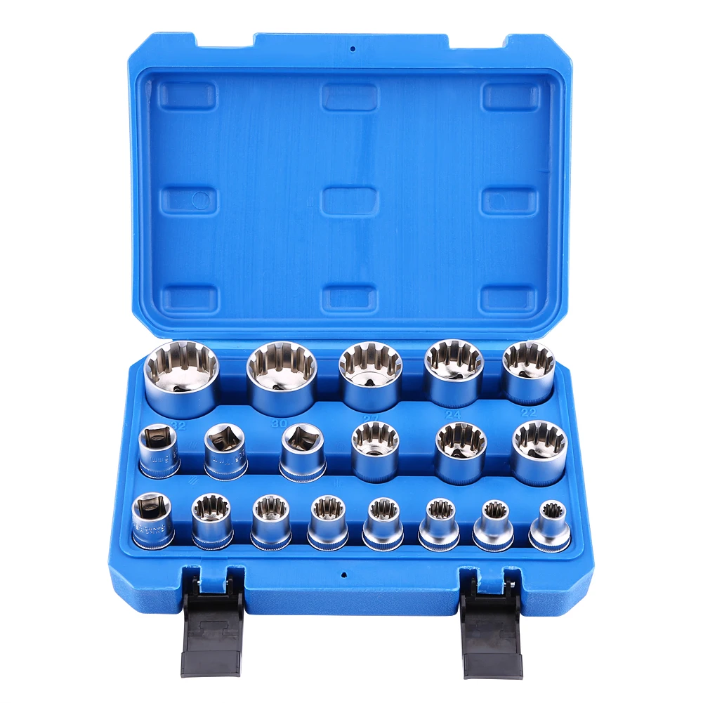 

19Pcs 1/2" Drive 6 12 Point Hex Splined Bit Socket Set Repair Tool Kit M8-M32 good
