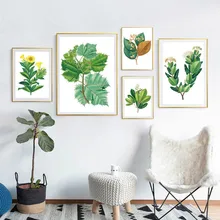 Watercolor Green Leaf Flowers Plant Cottage Canvas Print Poster Nordic Wall Picture Home Decoration Painting No Frame Wall Decor watercolor leaf flamingo tassel hanging painting wall decor print