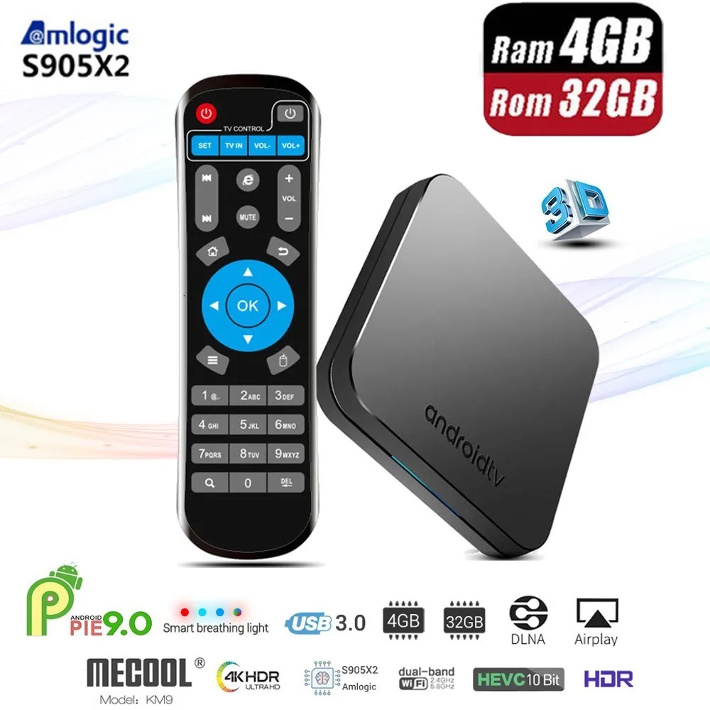 

KM9 Android 9.0 Smart TV Box IR Control S905X2 4GB RAM DDR4 32GB ROM 2.4G/5G Dual WiFi Bluetooth 4.1 4K TV Box Koqit Set Top Box