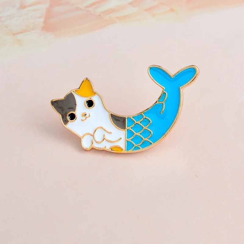 

Blue Cat Fish Fishtail Animal Brooch Lucky Mermaid Badge Enamel Denim Leather Pin Child Friend Cartoon Fashion Gift