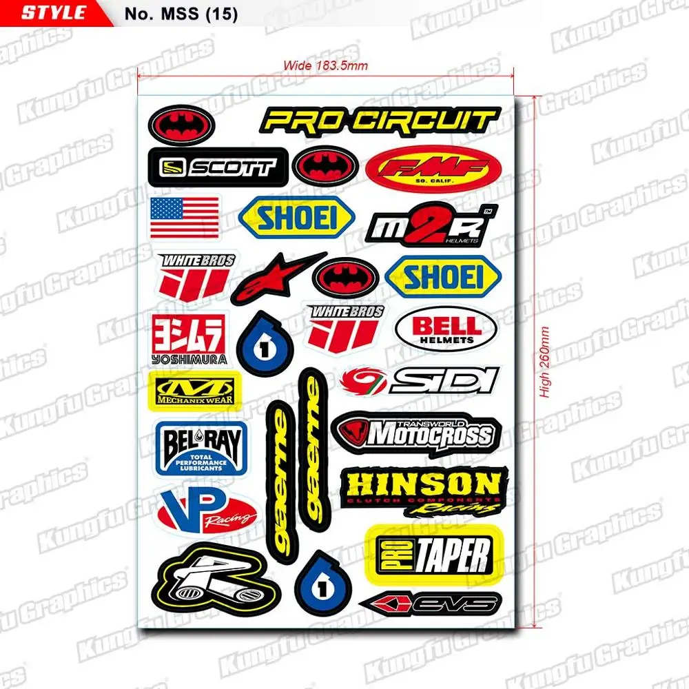 

KUNGFU GRAPHICS Sponsor Motocross Racing Tuning Motorbike Decals Stickers Sheet Decor Kit for Car ATV Helmet Dirt Bike 18*26cm