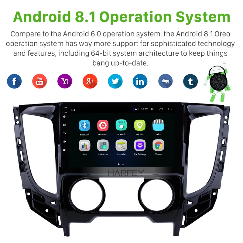 Best Harfey Android 8.1 Car Radio 9 inch for Mitsubishi TRITON (MT) 2015 Manual air conditioner GPS Navigation System HD Touchscreen 1