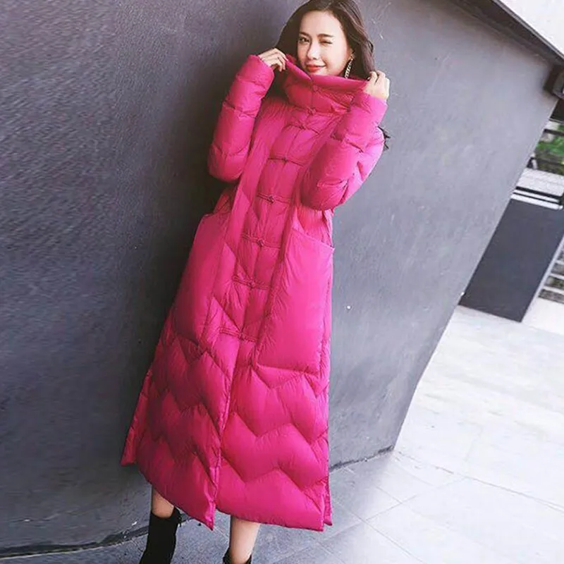 Зимний кашемировый длинный пуховик с капюшоном в стиле ретро, с пряжкой, с разрезами, тонкий теплый большой карман размера плюс, пуховое пальто, Chaqueta Mujer L245