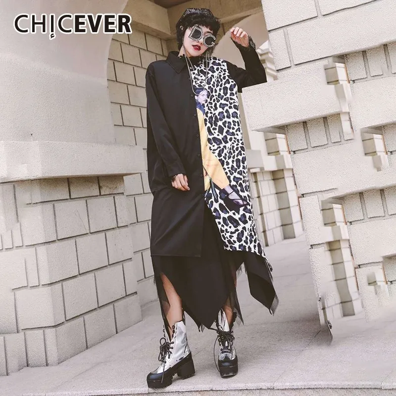 

CHICEVER Spring Patchwork Leopard Women Shirt Square Collar Long Sleeve Mesh Hem Button Loose Slim Female Top Clothing New