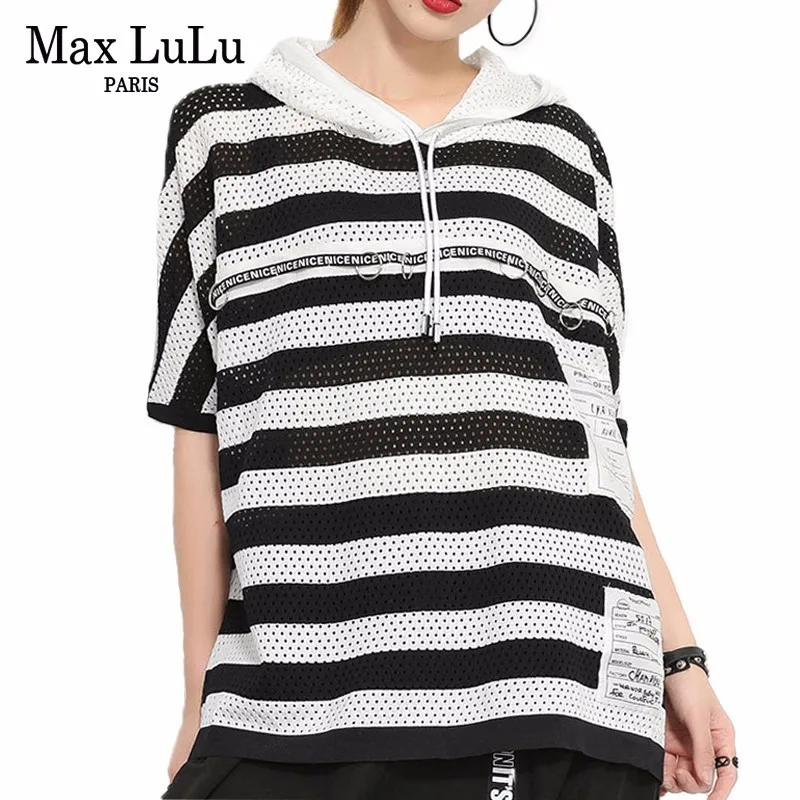 

Max LuLu 2019 Luxury Fashion Designer Ladies Summer Crop Tops Womens Hooded Mesh Black T-shirts Vintage Kawaii Strpied Tee Shirt