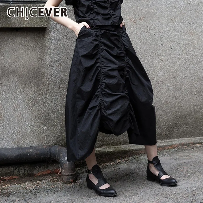 

CHICEVER Summer Solid Balck Draped Women Skirt Elastic Waist Patchwork Pocket Loose Slim Female Irregular Ball Gown Skirts 2019
