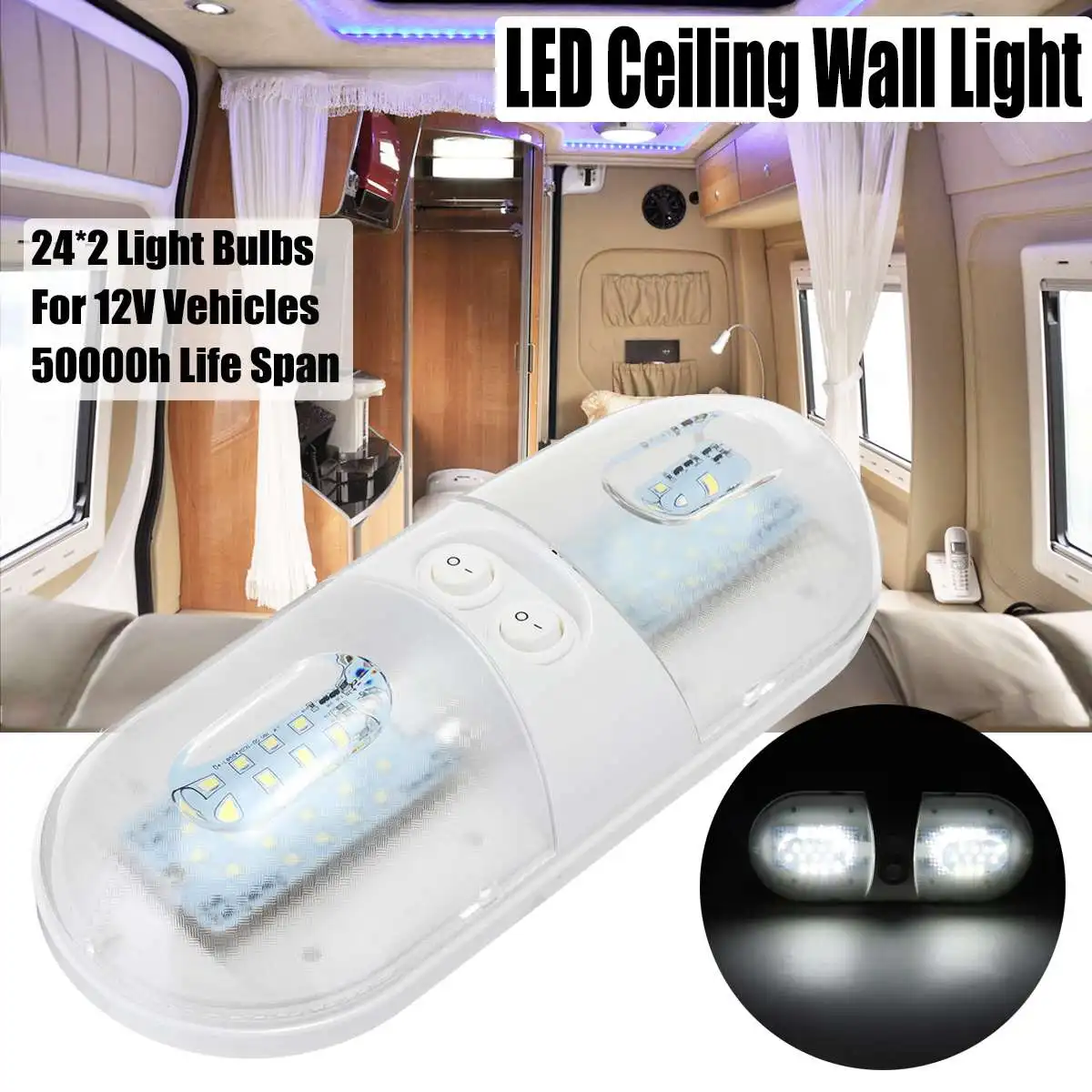 Caravan Ceiling Light 12V Car Double LED Ceiling Wall Light for Trailer/Van/Yacht/Boat/Caravan