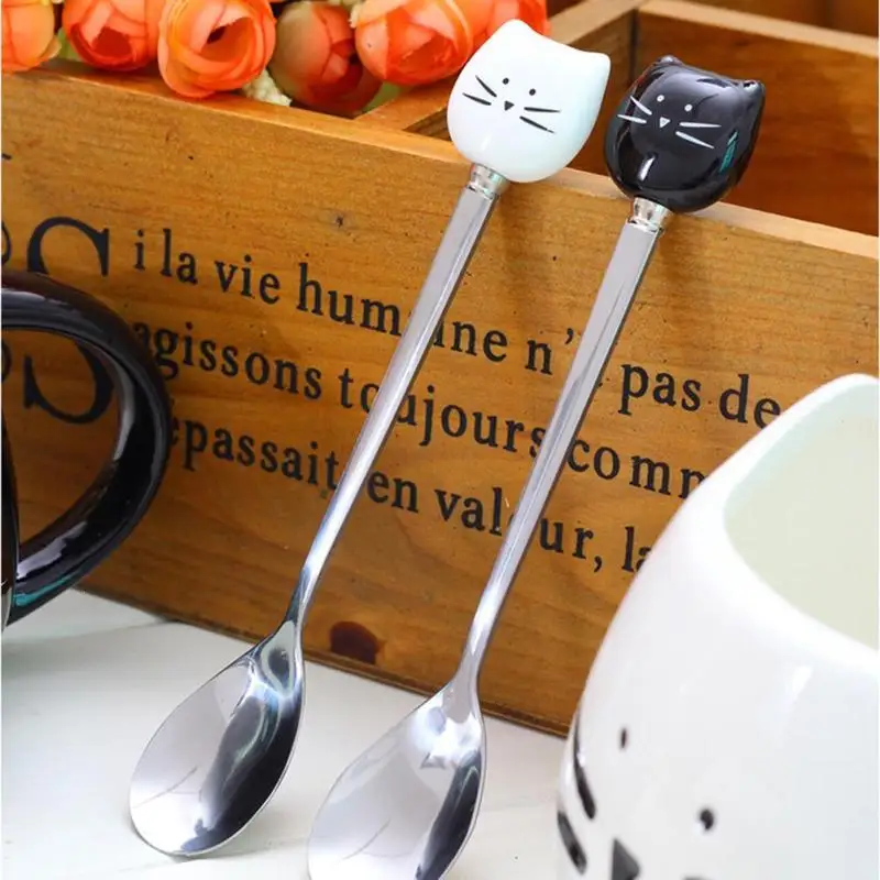 

Stainless Steel Spoons with Black White Ceramic Cat Handle Stirring Spoon Ice Cream Sugar Tea Dessert Soup Coffee Spoon A10