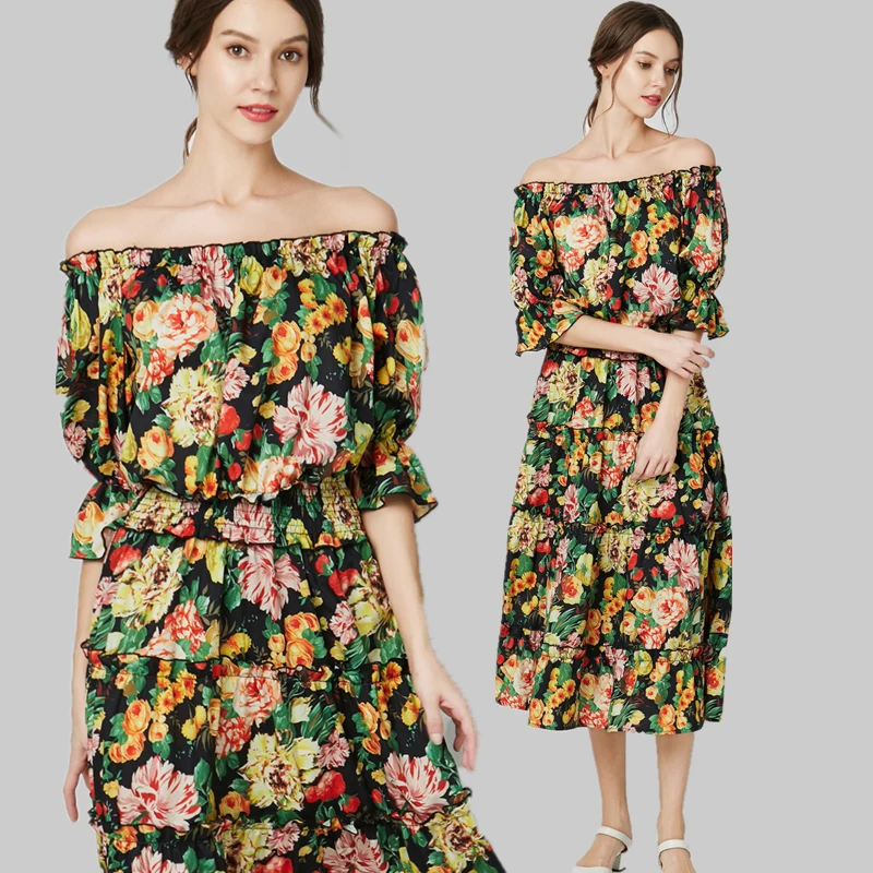 

2019 Fashion Runway Dress Women's Floral Print Vintage Dress vestidos summer Women Retro Vintage Flower
