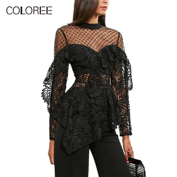 

Sexy Irregular Ruffles Tops 2019 Spring Women Long Sleeve Black Hollow Out Lace Blouse Self Portrait Designer Shirt