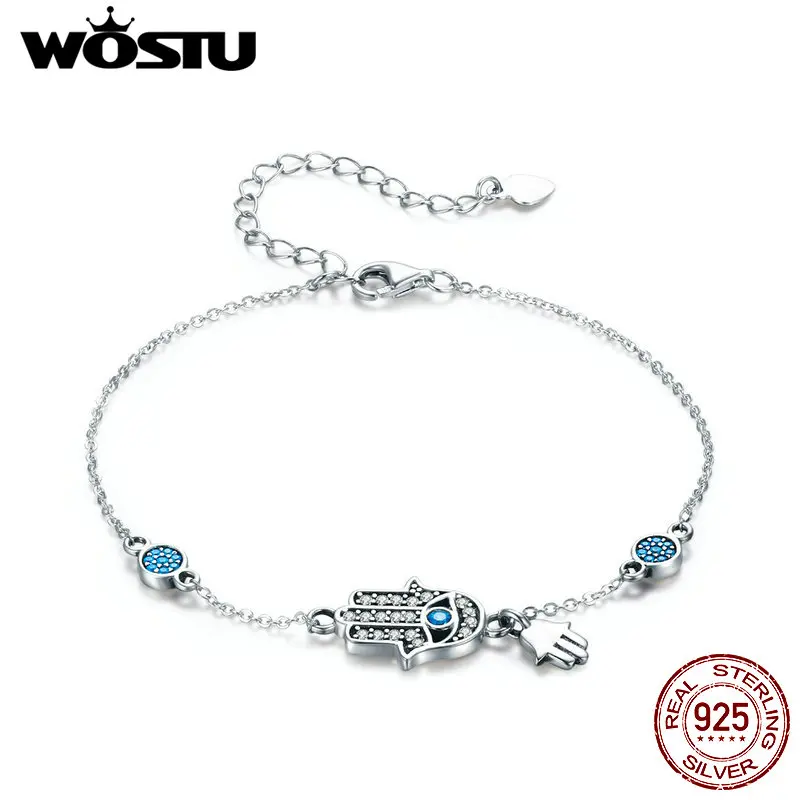 

WOSTU 925 Sterling Silver Fatima of Hand Hamsa Eye Bracelets Blue Zircon Chain Link For Women Bangles Fashion 925 Jewelry CQB079