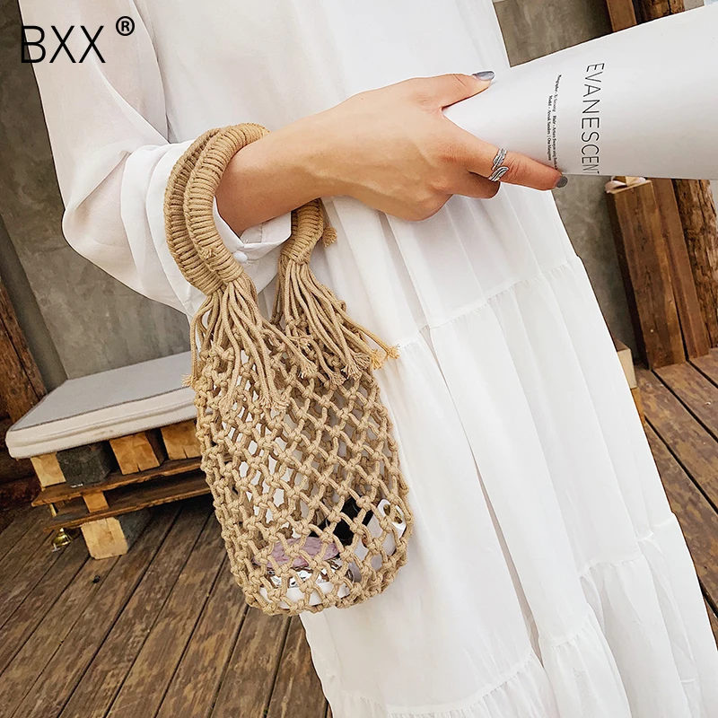 

[BXX] 2019 Summer New Brand Women Bag Hollow Out Handbag Ladies Tote Bag For Women Fashion Weaving Beach Bucket Handbag HE399