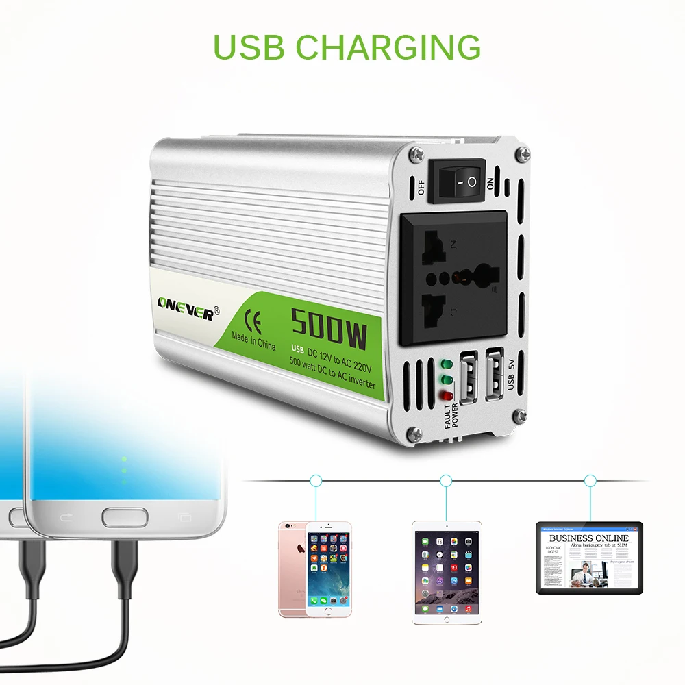 

500W Car Power Inverter 12v 220v 50Hz Auto Inverter 500W/1000W(Peak) with 2 USB Charger Ports Display Adapter
