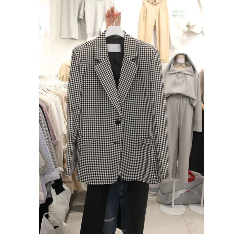 Printemps Vintage À Lâche Carré And Manches Automne De Marée Black Mode Poches Patchwork 2019 Ad532 Manteau Femmes Costume White Longues Col Plaid ewq PqSxX57wn