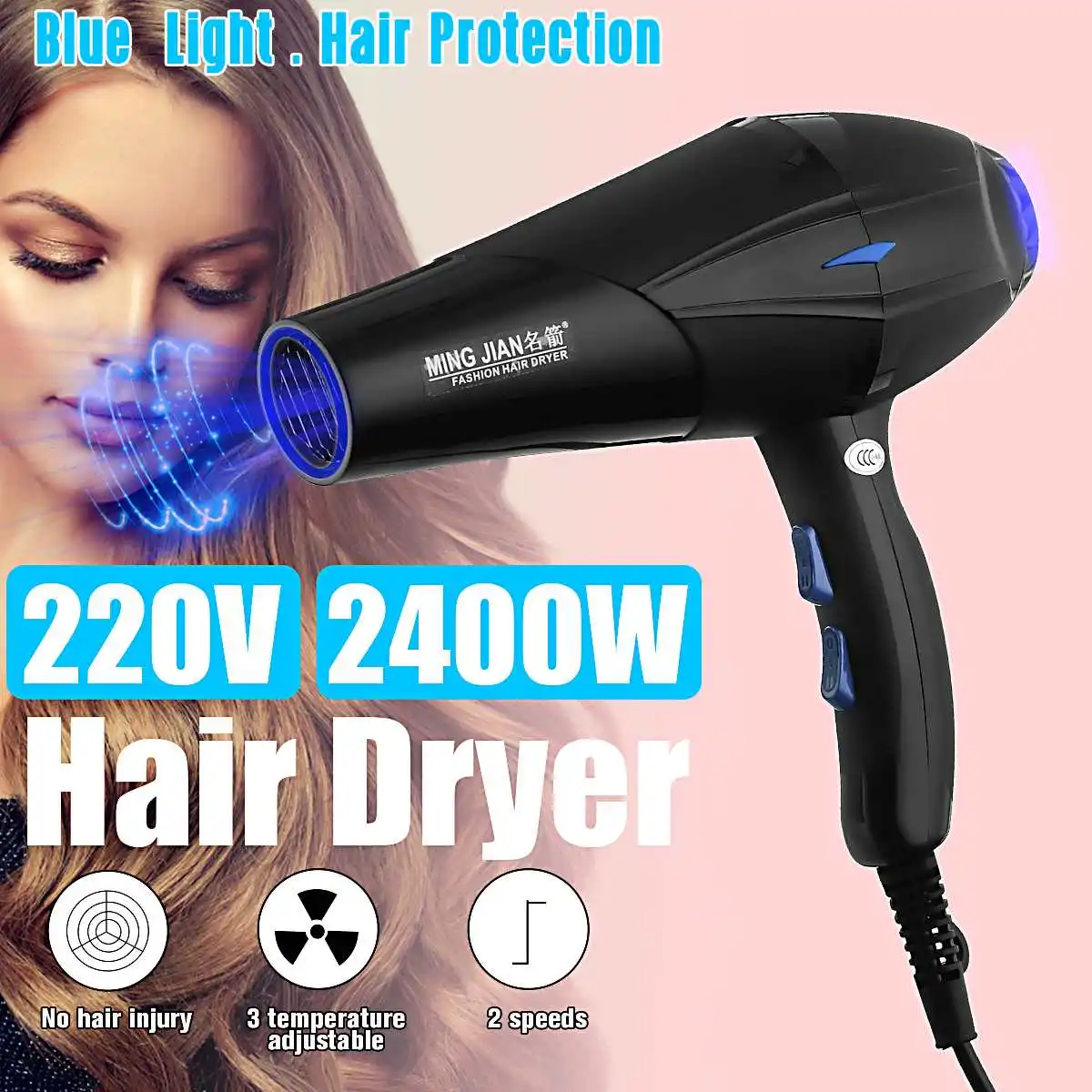 Blue light Blow Hair Universal Hair Dryer 2400W Professional Electric Diffuser Hairdressing