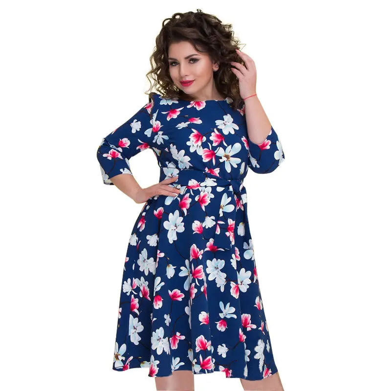 

6XL Plus Size Dress Women Summer Spring Fashion Flower Print A-line Dresses Elegant Casual Female O-Neck Lace Up Party Dress