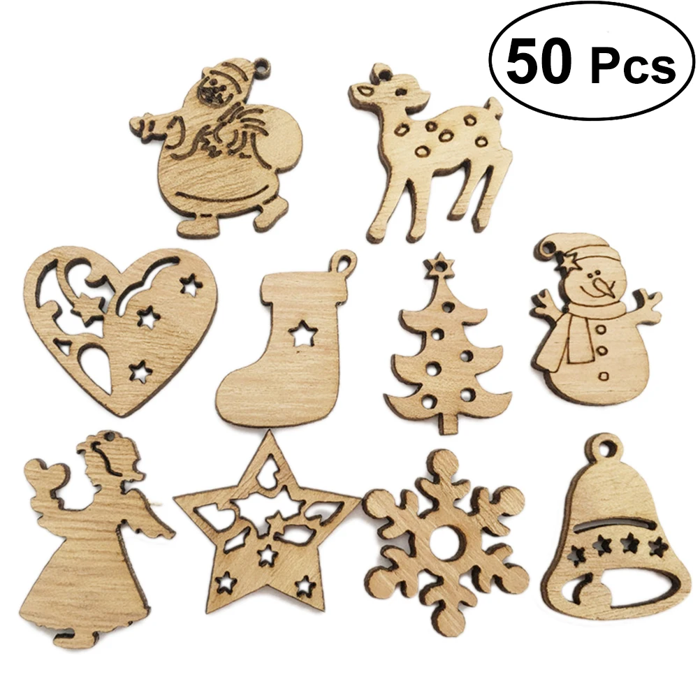 

50 Pcs Wooden Pieces Cartoon Creative Cute DIY Cutouts Craft Embellishments Wood Ornament For Home Decoration Christmas Art