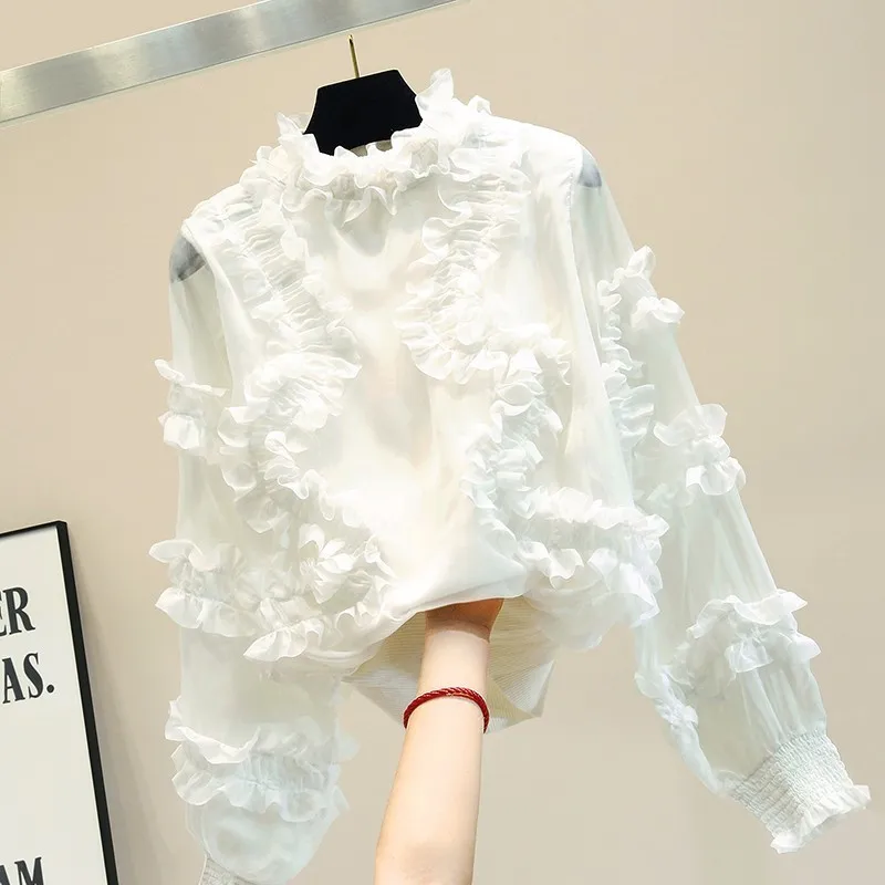 

Shirt Women 2019 New Arrivals Chic Cute Stand Collar White Chiffon Blouse Lantern Sleeve 2colors S,M,L