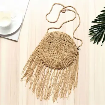 

Woman Round Handbags Handmade Straw Bag With Tassel Rattan Woven Vintage Rope Knitted Messenger Bag Lady Summer Beach Tote(Kha