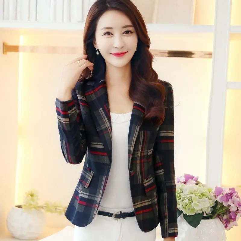 New Women Blue Red Plaid Blazers Casual Notched Collar Short Blazer