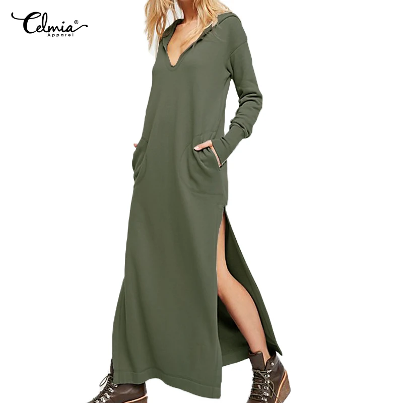 

Celmia Plus Size Women Maxi Dress 2019 Autumn Long Sleeve Sexy High Split Long Hoodie Dress Casual Loose Hoody Pullover Vestidos