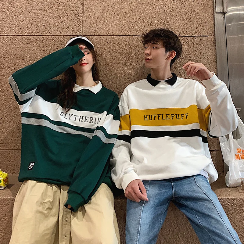 

Men's Sweatshirt 19 Spring New Lazy Wind Fake Two-piece Lapel Embroidered Loose Couple Contrast Color Pullover Casual Men's Wear