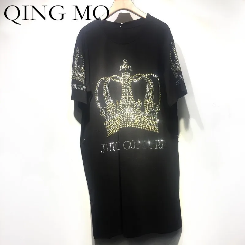 

QING MO Crown T Shirt Dress Women Rhinestone Black Shirt Dress 2019 Summer Short Sleeve T Shirt Knee Length Dress F671